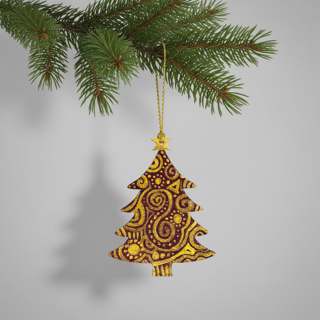 Decorative wooden Christmas tree ornament with gold patterns on a dark red background