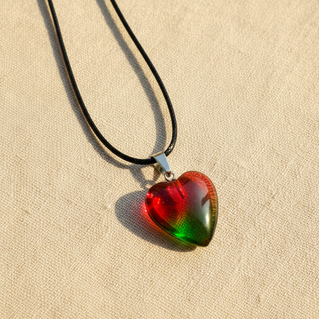 Heart-shaped pendant with a colourful red-green gradient on a light background