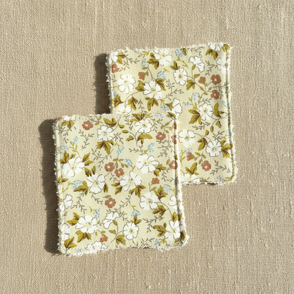 Floral patterned fabric reusable face wipes square shaped, pack of two 