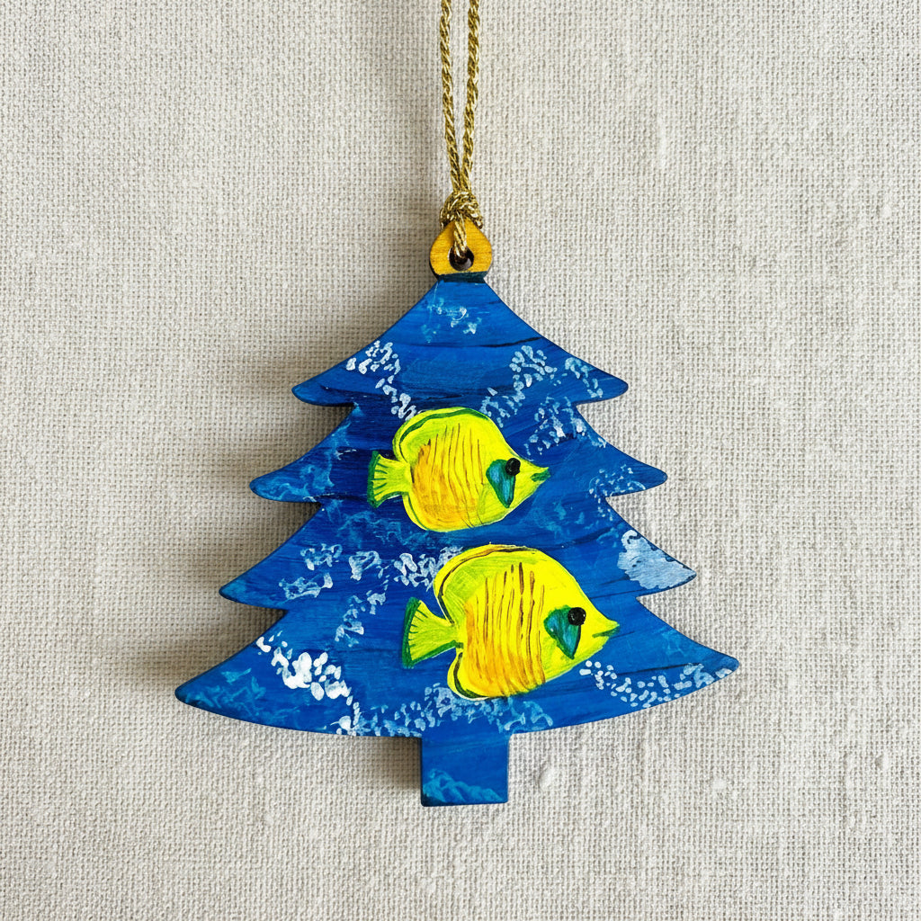 Decorative wooden hanging ornament shaped like a blue tree with yellow fish