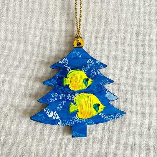 Decorative wooden hanging ornament shaped like a blue tree with yellow fish