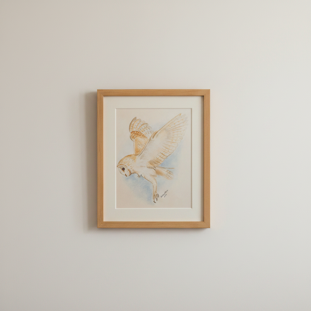 Small barn owl print shown framed and mounted on a neutral wall