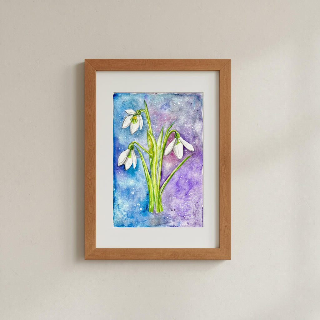 Artistic depiction of snowdrops on a watercolor background