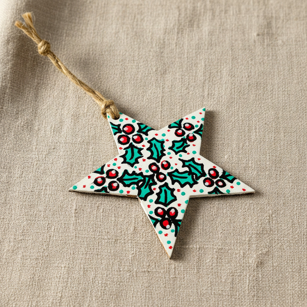 Decorative star ornament with holly design on a white background