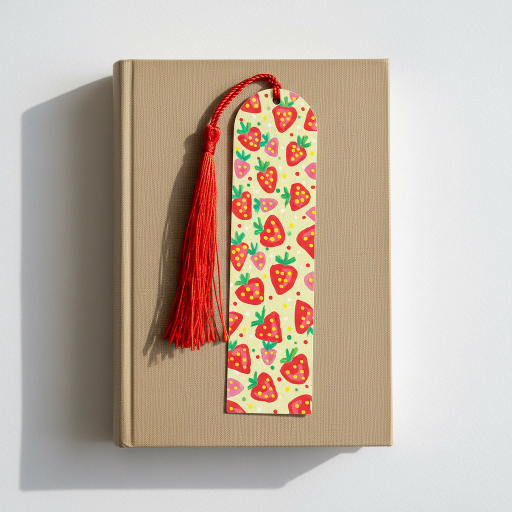 Wooden Bookmark with strawberry pattern and red tassel 