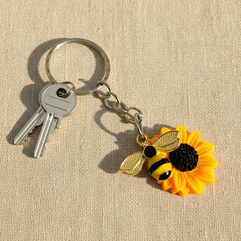 Keychain with bee and sunflower charm 