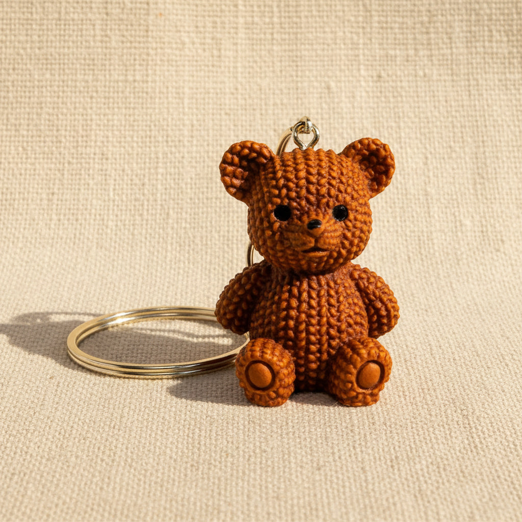 Brown teddy bear keychain on a light neutral background