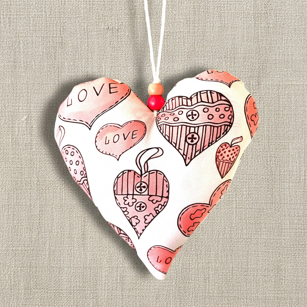 Heart-shaped hanging fabric ornament with doodle heart designs in pink and 'LOVE' text on a white background, two pink beads on the twine. This shows other side of the item