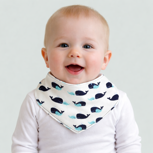 Baby bandana dribble bib with whale design. Unisex.