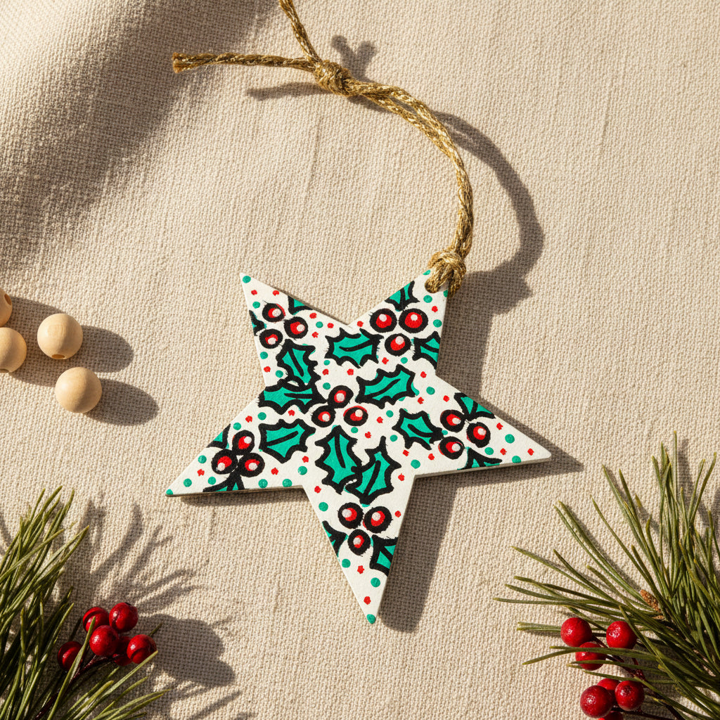 Decorative star ornament with holly design on a white background