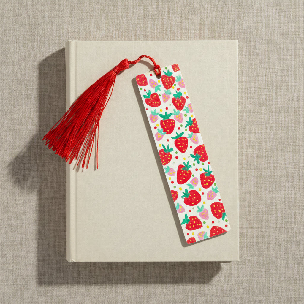 Bookmark with strawberry pattern and red tassel placed on a closed book