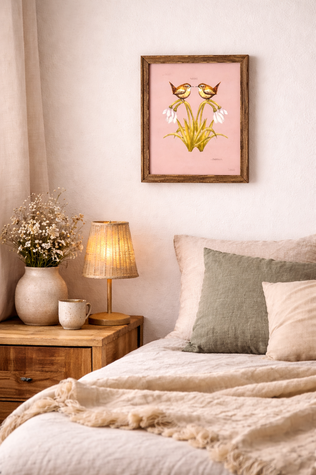 British wildlife wall art print - wrens and snowdrops.