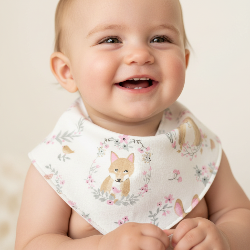 Baby girl modelling woodland animal bib - close up