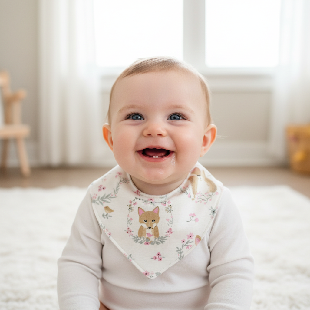 Baby girl modelling woodland animal bib