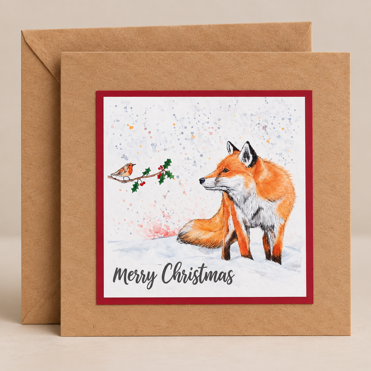 15 x 15 cm natural Kraft Christmas card featuring a watercolour fox and robin on a holly branch in a snowy winter scene with Merry Christmas lettering