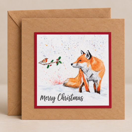 15 x 15 cm natural Kraft Christmas card featuring a watercolour fox and robin on a holly branch in a snowy winter scene with Merry Christmas lettering