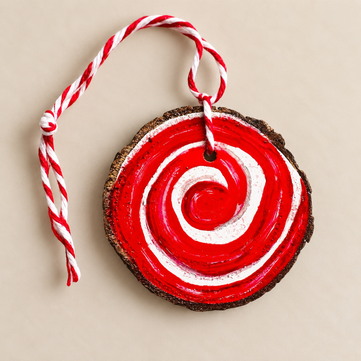 Natural wood slice hand painted with a red and white candy cane-style swirl and finished with a twisted hanging loop.