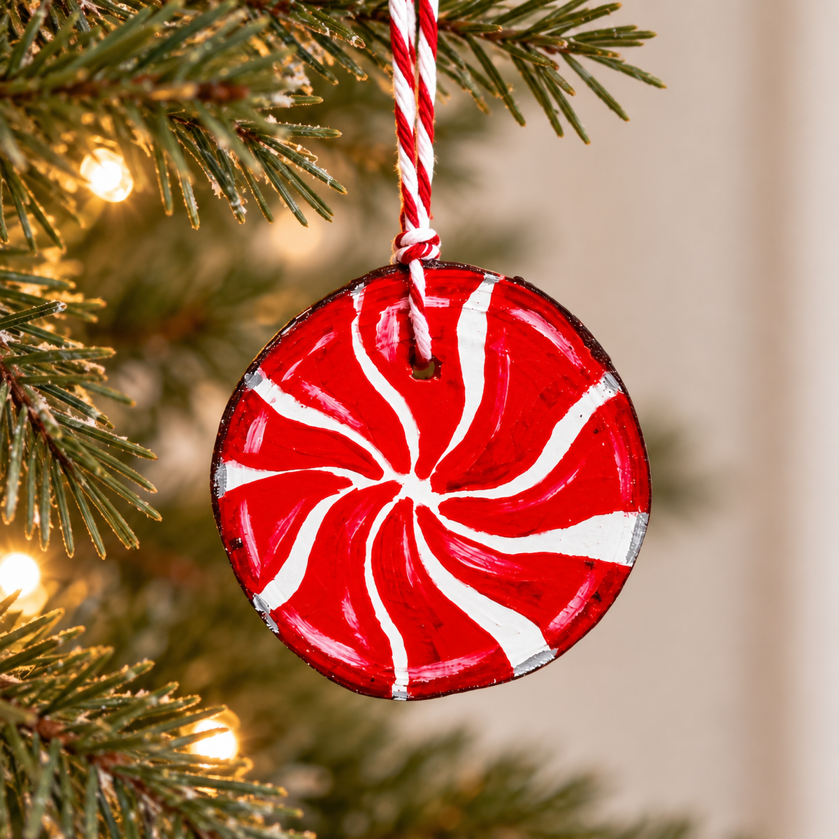 Hand-painted natural wood slice Christmas ornament with a red and white peppermint swirl design and twisted hanging cord