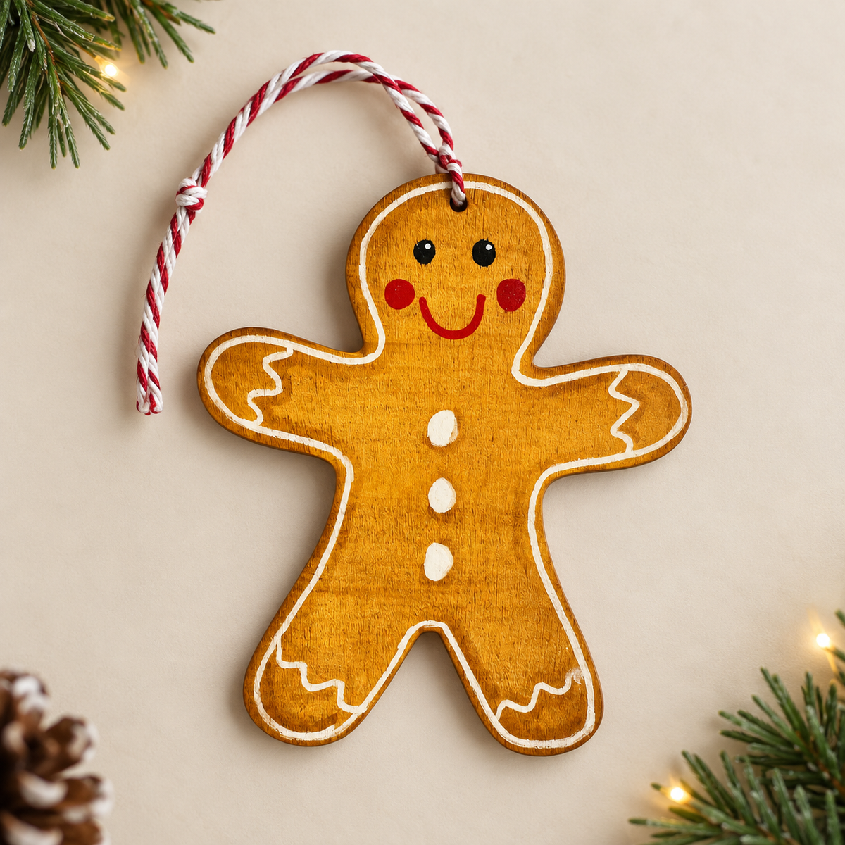 Hand painted wooden gingerbread man Christmas ornament with white icing details, red cheeks and a red and white hanging loop.