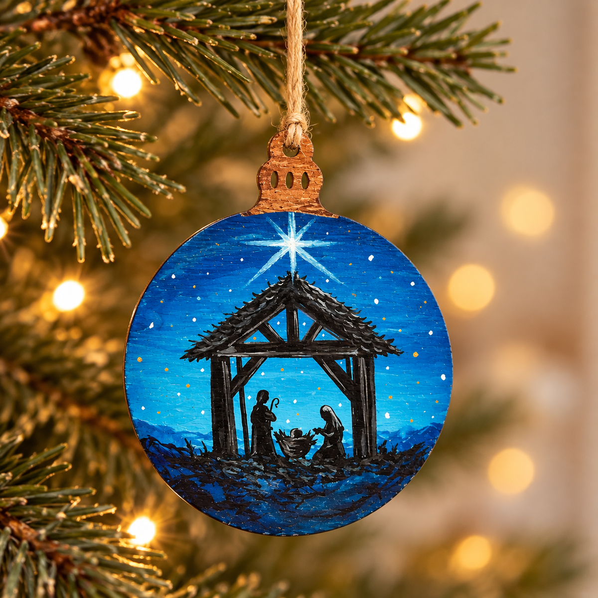 Hand painted wooden Christmas ornament featuring a nativity scene under a starry blue night sky.