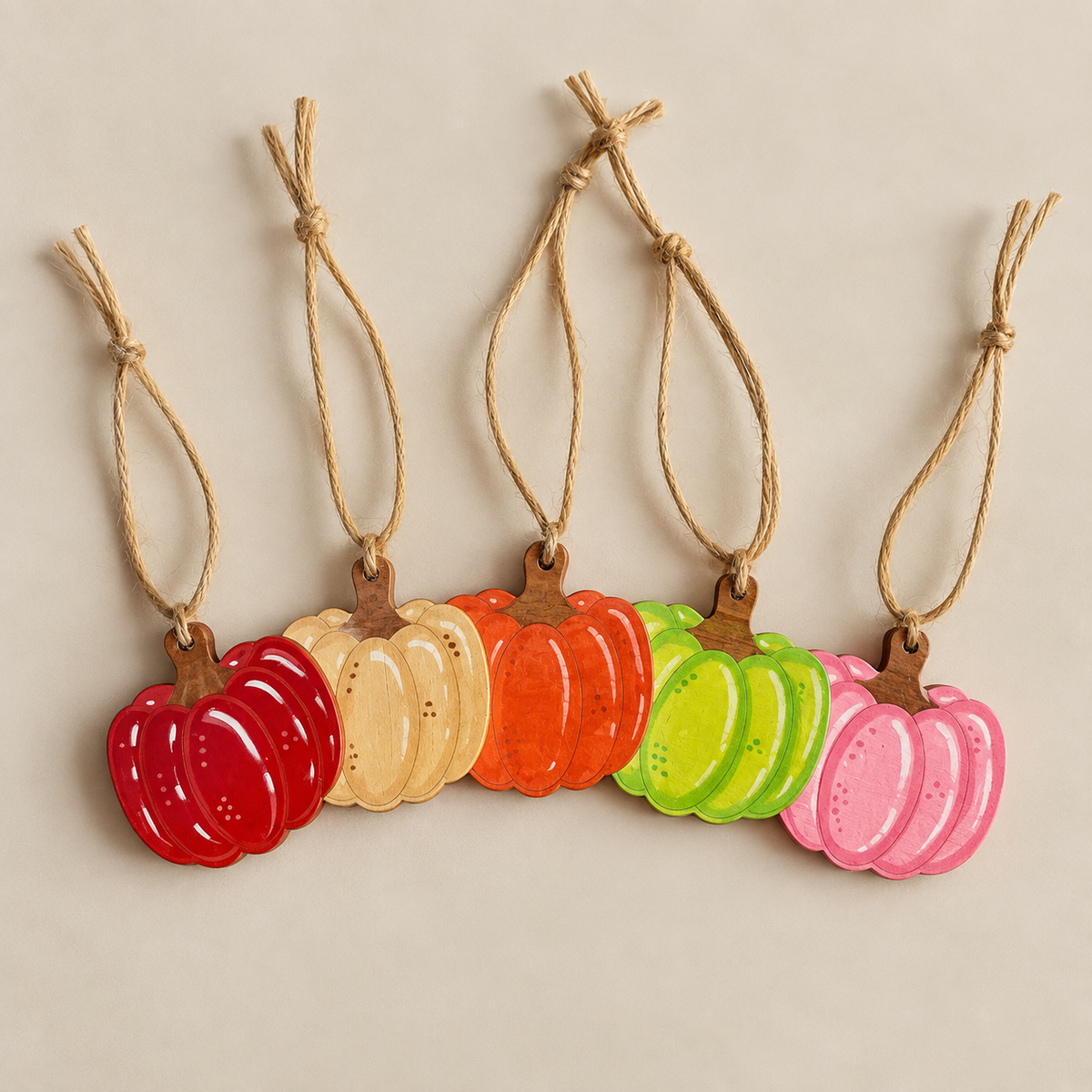 Set of five hand-painted wooden pumpkin ornaments in red, cream, orange, green and pink, each with a jute hanging loop.