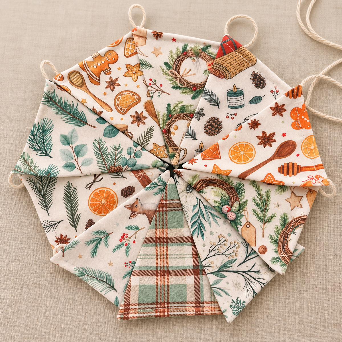 Handmade Christmas fabric bunting approximately 72 inches long, featuring festive woodland and traditional Christmas patterns with moveable flags.