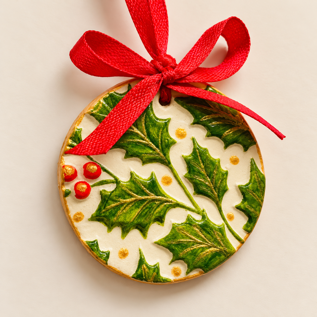 Round handmade clay Christmas tree decoration featuring embossed green holly leaves, metallic gold details, red berries and a decorative red satin bow on a cream background.