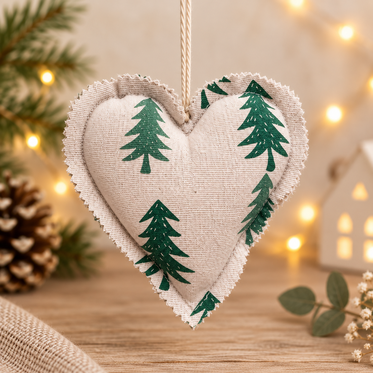 Handmade fabric hanging heart with green Christmas tree design and natural twine loop, photographed against a warm neutral background.
