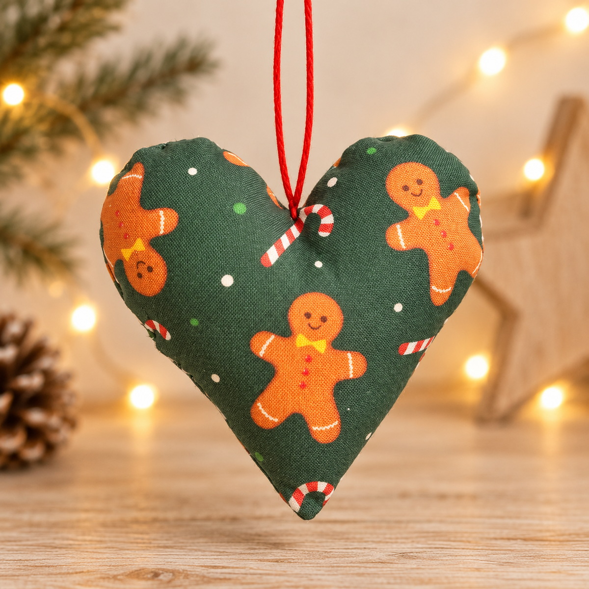Handmade green fabric Christmas heart ornament with gingerbread men and candy cane pattern, hanging from a red loop.