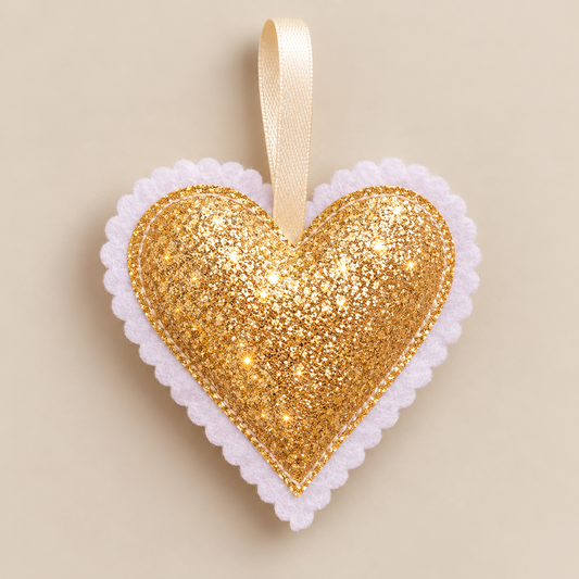 Handmade gold glitter Christmas heart decoration with scalloped felt edging and neutral-toned hanging ribbon