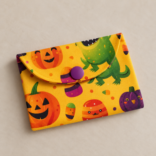 Small handmade fabric card wallet in bright Halloween print with pumpkins and playful characters, finished with a purple snap fastening.