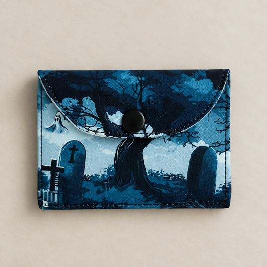 Small handmade fabric card wallet with a blue/black Halloween graveyard print, moon, tree, tombstones and ghost detail.