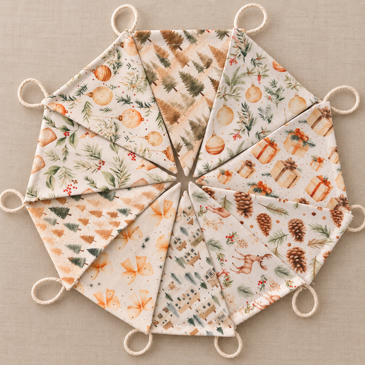 Handmade neutral Christmas fabric bunting with 10 moveable flags on natural twine, approximately 76 inches long.