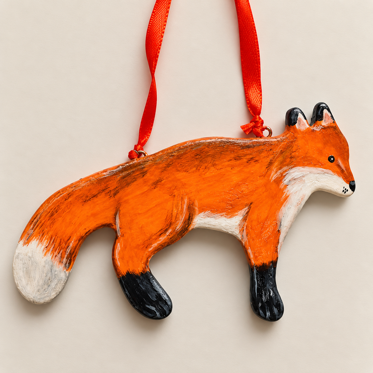 Handmade orange fox Christmas tree decoration with cream markings, black paws and ears, a hand-painted face and a red hanging ribbon, shown close-up against a neutral background.