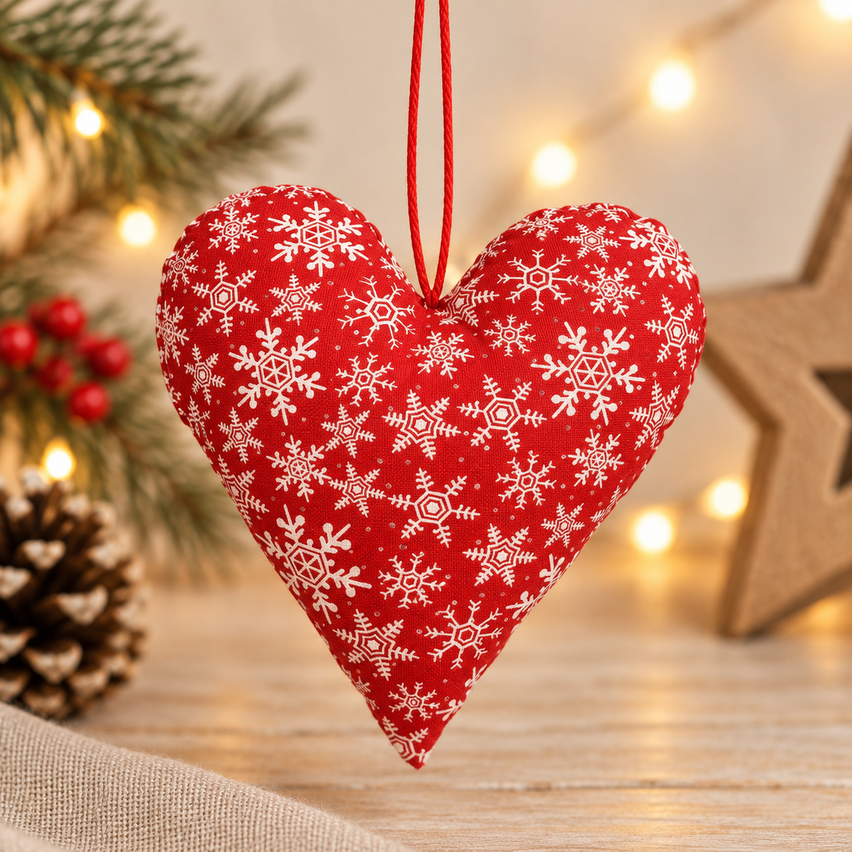 Handmade red fabric heart Christmas ornament with white sparkling snowflake pattern and red hanging loop.