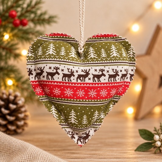 Handmade fabric Christmas heart ornament featuring reindeer, snowflakes and green trees in red, green and cream.