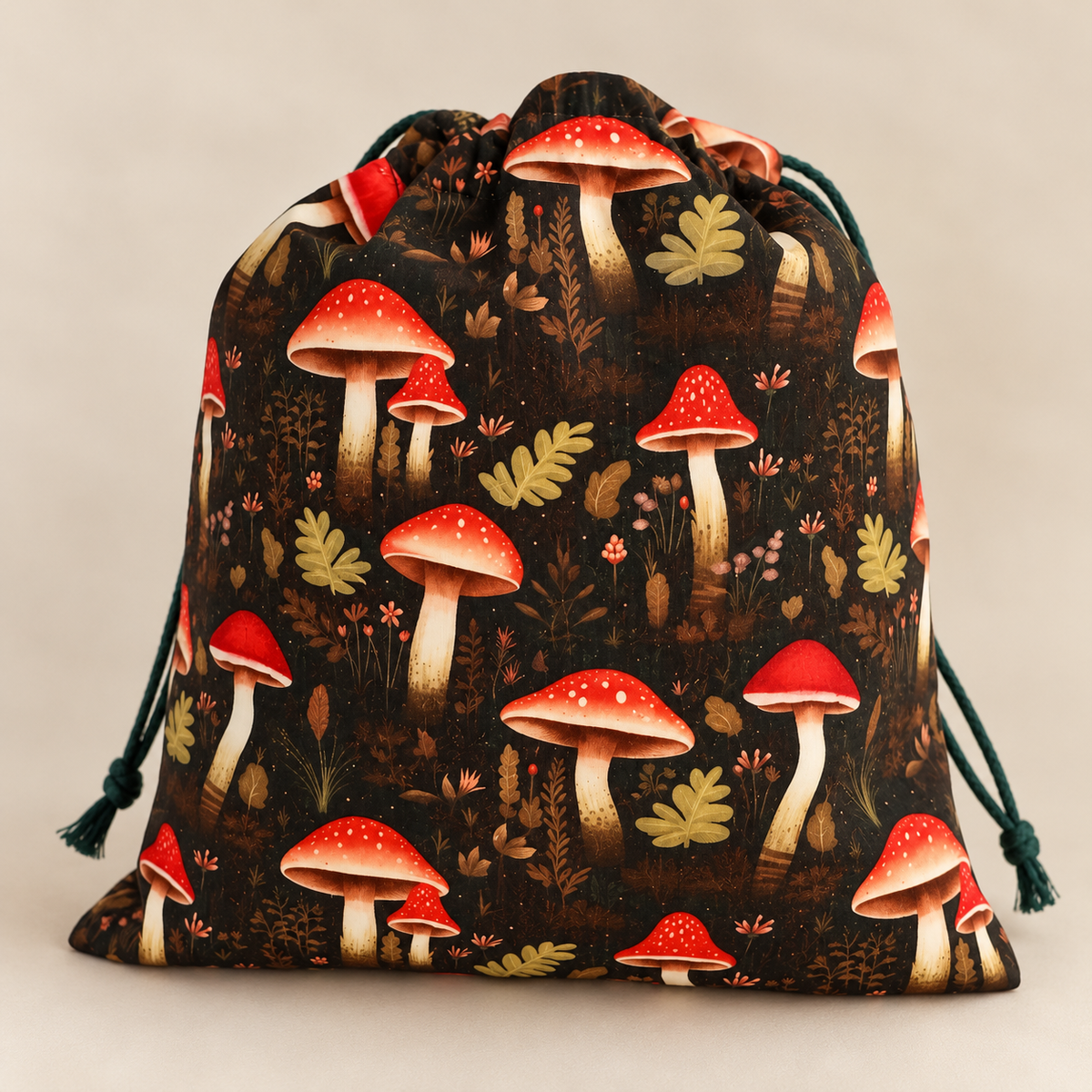 Handmade woodland mushroom drawstring bag featuring a red mushroom print on the front, plain black fabric back, matching mushroom-print lining and dark green drawstring cords, photographed against a neutral beige background.