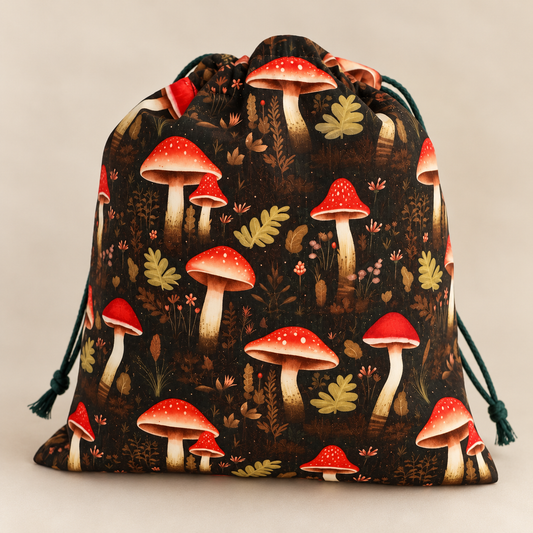 Handmade woodland mushroom drawstring bag featuring a red mushroom print on the front, plain black fabric back, matching mushroom-print lining and dark green drawstring cords, photographed against a neutral beige background.