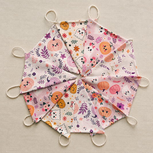 Handmade pastel Halloween fabric bunting with ghost, pumpkin and floral patterns