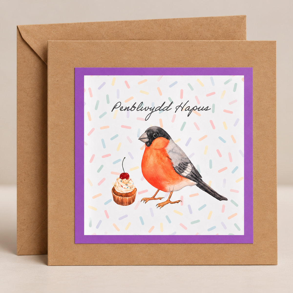 15 x 15 cm natural Kraft Welsh birthday card featuring a watercolour bullfinch and cupcake with pastel confetti, purple border and Penblwydd Hapus lettering