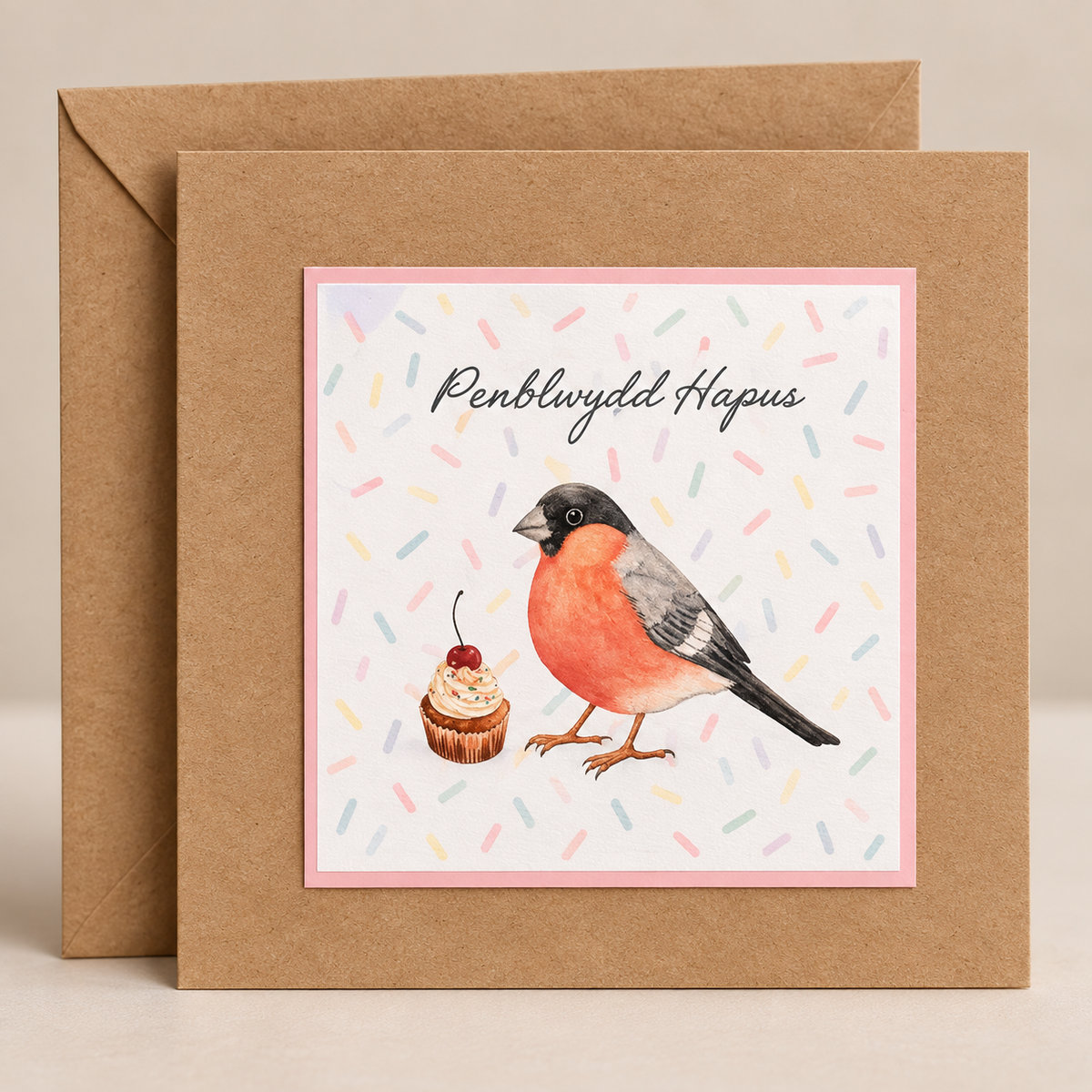 15 x 15 cm natural Kraft Welsh birthday card featuring a watercolour bullfinch and cupcake with pastel confetti and Penblwydd Hapus lettering